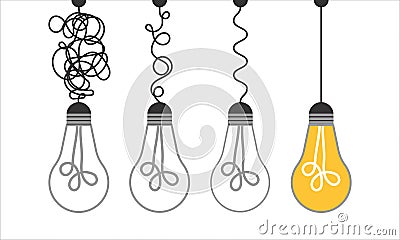 Simplification concept art with light bulb idea. Simple and creative think or search creative idea. Difficulty curve doodle path Vector Illustration