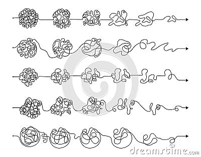 Simplification process tangled lines. From mess transition to clarity. Simple concept of problem solutions. Chaos and Vector Illustration