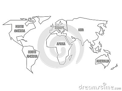 Simplified black outline of world map divided to six continents. Simple flat vector illustration on white background Vector Illustration