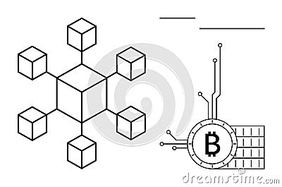 Simplified Blockchain and Bitcoin Concept with Network and Cryptocurrency Connection Vector Illustration