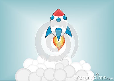 Simplified cartoon rocket launching up into the sky Vector Illustration