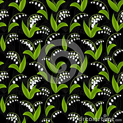 Simplified image of spring flower. Lily the valley flowers on dark background. Floral seamless texture. Stock Photo