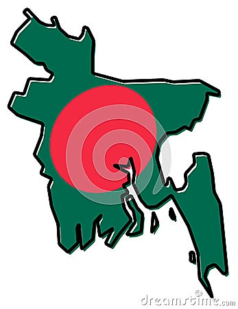 Simplified map of Bangladesh outline, with slightly bent flag un Vector Illustration