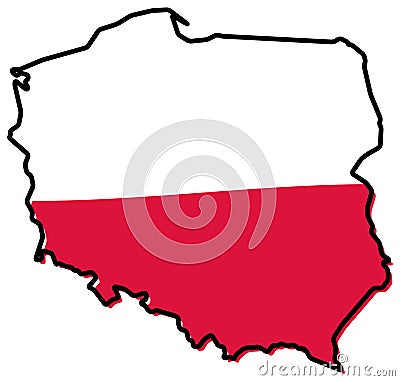 Simplified map of Poland outline, with slightly bent flag under Vector Illustration