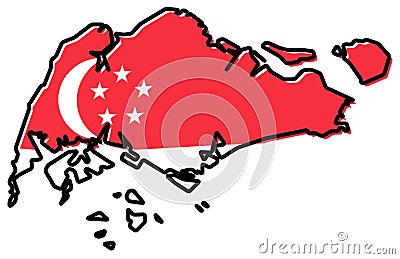 Simplified map of Singapore outline, with slightly bent flag under it. Vector Illustration