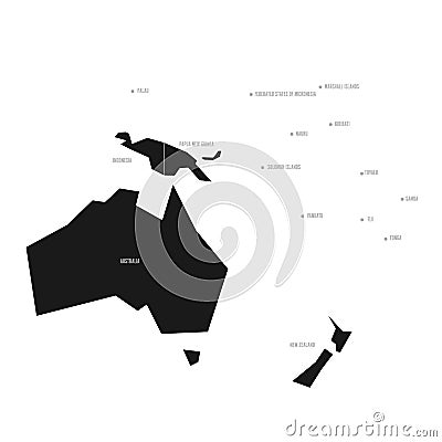 Simplified schematic map of Australia and Oceania. Vector political map in high contrast of black and white Vector Illustration