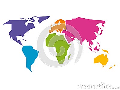 Simplified world map divided to six continents in different colors. Vector Illustration