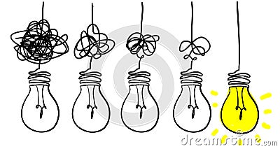 Simplifying the complex, confusion clarity or path vector idea concept with lightbulbs doodle illustration Vector Illustration