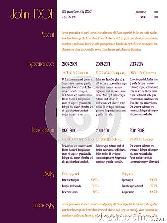 Simplistic curriculum vitae resume template with purple stripe Vector Illustration