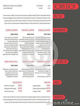 Simplistic resume curriculum vitae template with red stripes Vector Illustration