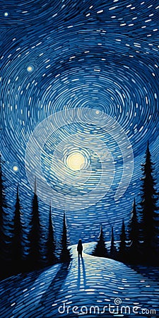 Simplistic Vector Art: The Starry Night Through A Forest Of Trees Stock Photo