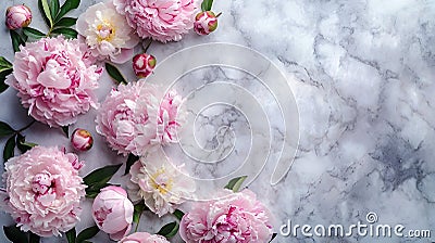 Simply elegant peony bouquet framing white marble background Stock Photo