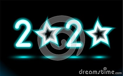 Simply of glowing neon numbers 2020 with stars. New Year illumination for Design on black, dark background. Fluorescent object, Vector Illustration