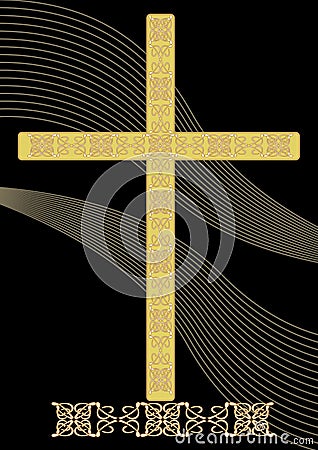 Simply gold funereal decoration with filigree decorated crucifix and wavy light elements on black background, burial Vector Illustration