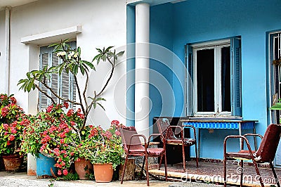 Simply Greec House. Old houses. White and Blue Stock Photo
