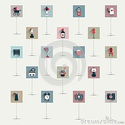 Simply minimalistic flat retro symbol icon set. Vector Illustration