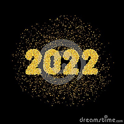 Simply numbers, inscription 2022 for new year of golden texture crumbs on black, dark background. Object, gold dust scattering, Vector Illustration