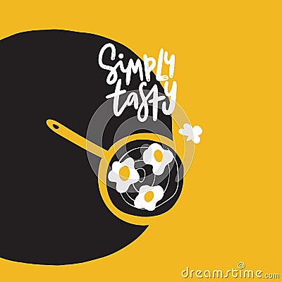 Funny hand drawn illustration of pan with eggs. Yellow background. Poster design. Made in vector Cartoon Illustration