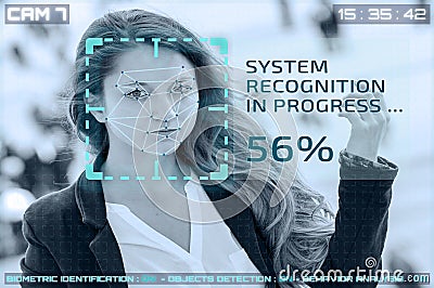 Simulation cctv cameras with woman facial recognition Stock Photo