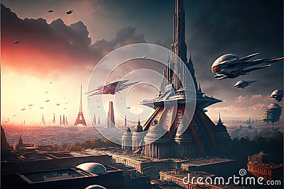 Simulation of the city of Paris with the Eiffel tower. Near future. Futuristic architecture. Stock Photo