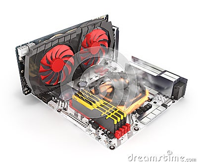Simulation of CPU overheating Motherboard complete with RAM and video card solated on white background 3d render Stock Photo