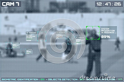 Simulation of a screen of cctv cameras with facial recognition Stock Photo