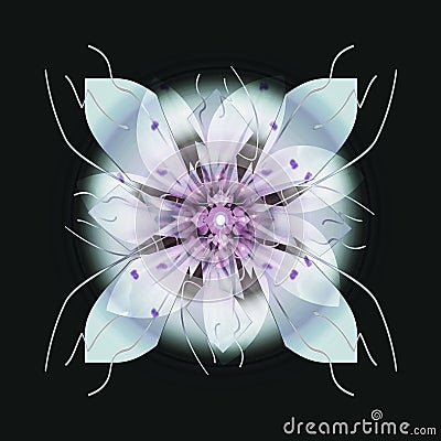 SEAMLESS FLOWER MANDALA, IN LIGHT BLUE AND PURPLE, WITH PLANE BACKGROUND IN BLACK, WEAVING LINES IN WITH, CENTRAL LIGHT IN GRAY Stock Photo