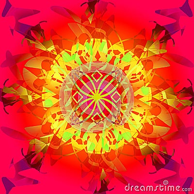 CELTIC IN RED MANDALA, CENTRAL IMAGE IN YELLOW AND LIGHT GREEN Stock Photo