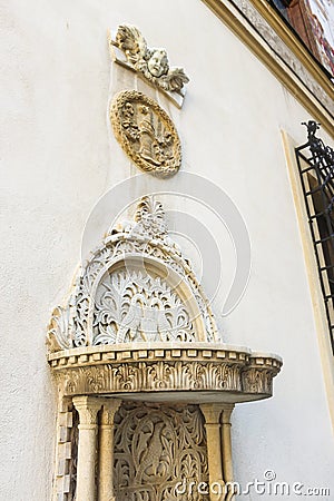 Wall decorations at the interior courtyard at Peles Castle Editorial Stock Photo