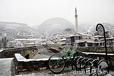 Sinan Pasha mosque and a stone bridge, Prizren Kosovo Editorial Stock Photo