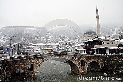 Sinan Pasha mosque and a stone bridge, Prizren Kosovo Editorial Stock Photo