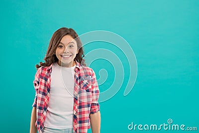 Sincere excitement. Kid girl long healthy shiny hair wear casual clothes. Exciting moments. Little girl excited happy Stock Photo