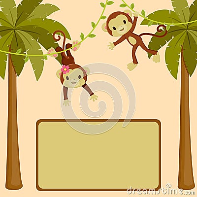 Sing board with two cute monkeys Vector Illustration