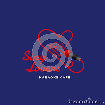 Sing Lovers Karaoke Abstract Vector Sign, Emblem or Logo Template. Singing Mouth in the Microphone in a Heart Shape Vector Illustration