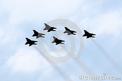 Singapore - 2018-08-04: Singapore airforce fighter jets fly pass over Marina Bay. Singapore National Day Parade NDP rehearsals Stock Photo
