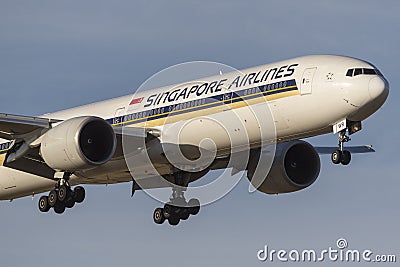 Singapore Airlines Boeing 777-300 777-312/ER airliner 9V-SWR on approach to land at Melbourne International Airport. Editorial Stock Photo