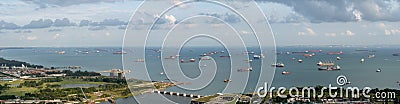 Singapore anchorage area panorama opposite Gardens by the Bay with many ships on an anchorage Editorial Stock Photo