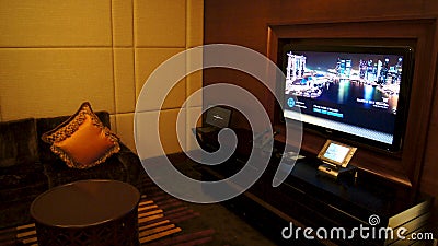 SINGAPORE - APR 2nd 2015: In-Home Theater in Luxury Hotel Room Editorial Stock Photo