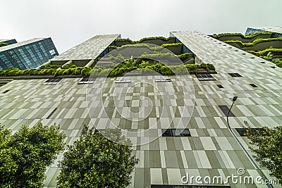 APRIL 25, 2019: Green nature facade of Parkroyal on Pickering hotel building in Singapore city Editorial Stock Photo