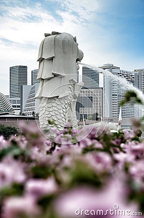 Singapore center with Merlion and skyscrapers at early morning Editorial Stock Photo