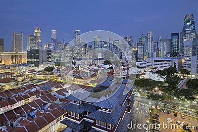 Singapore Central Business District Over Chinatown Blue Hour Stock Photo