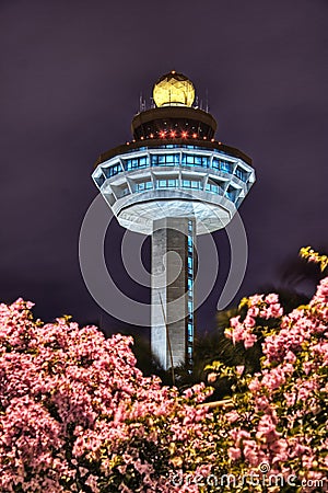 Singapore Changi Airport Control Tower At Night Stock Photo