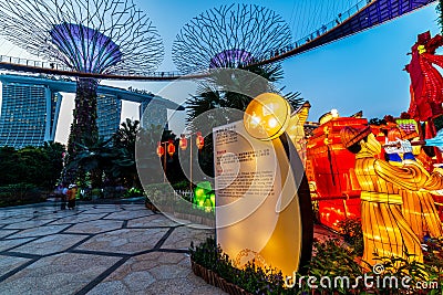 Singapore Chinese Mid-Autumn Lantern Festival at Garden By The Bay overseeing Marina Bay Sands Hotel in Editorial Stock Photo