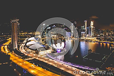 Singapore city skyline at night and view of Marina Bay Top View Editorial Stock Photo