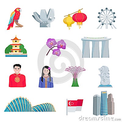 Singapore Culture Flat Icons Set Vector Illustration