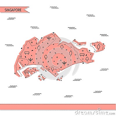 Singapore detailed map in flat line style Vector Illustration