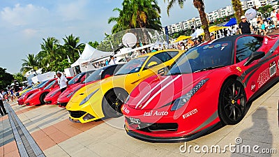 Singapore Ferrari Club Owners showcasing their Ferrari cars during Singapore Yacht Show at One Degree 15 Marina Club Sentosa Cove Editorial Stock Photo