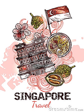 Singapore Hand Drawn Sketch Poster Vector Illustration