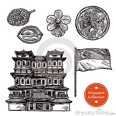 Singapore Hand Drawn Sketch Set Vector Illustration