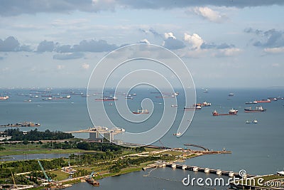 Anchorage area panorama opposite Gardens by the Bay with many ships on an anchorage Editorial Stock Photo